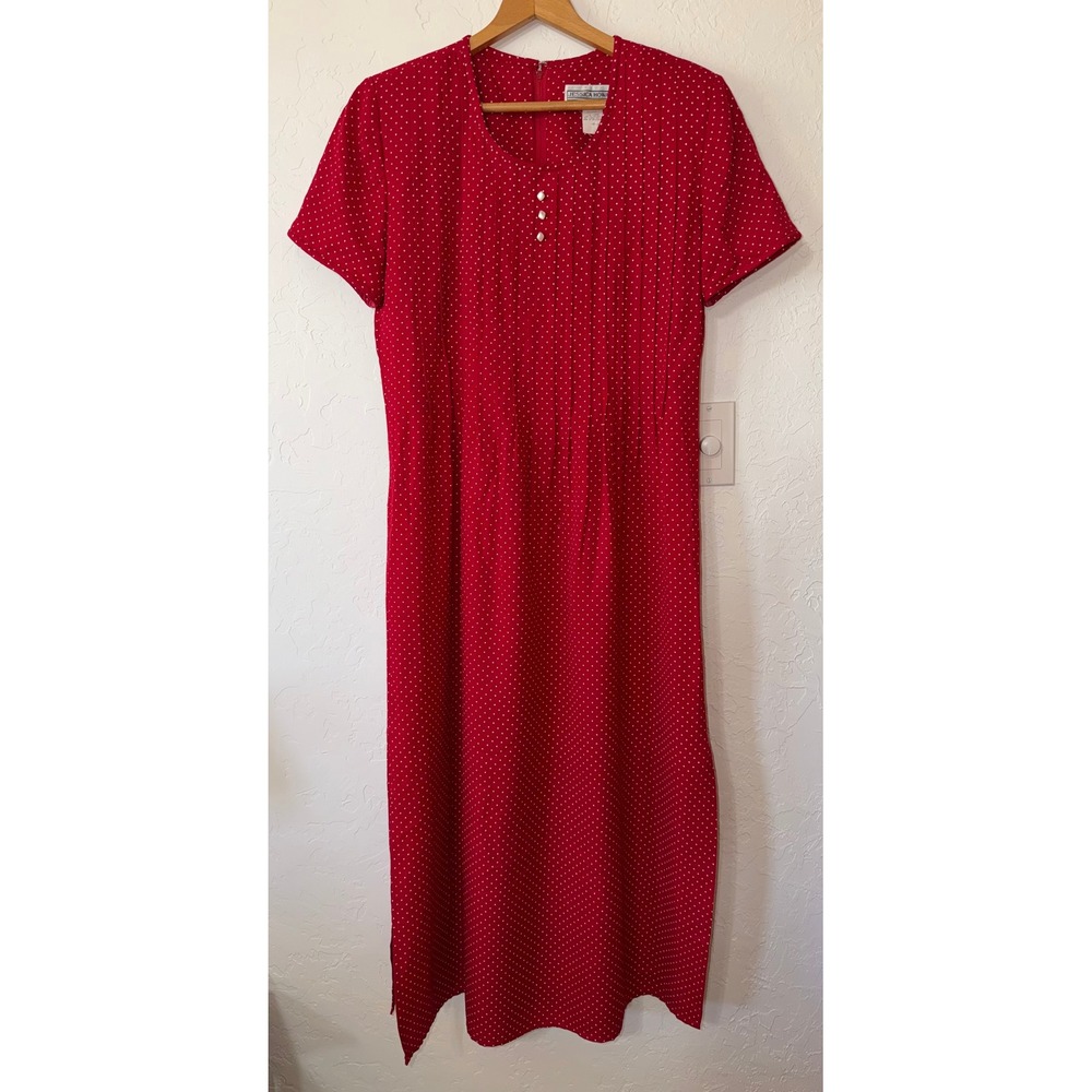 Vintage Jessica Howard Red Polka Dot Maxi Dress 90s Pintuck Pleated Size 10